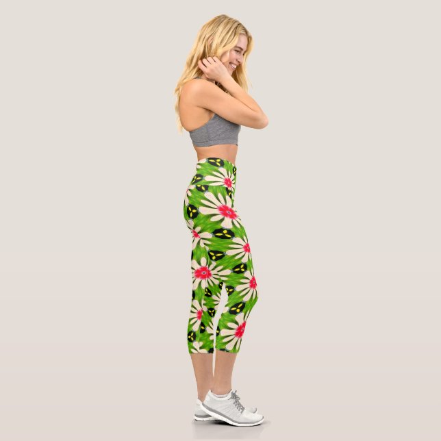 Pink and White Flowers Pattern Capri Leggings (Right)