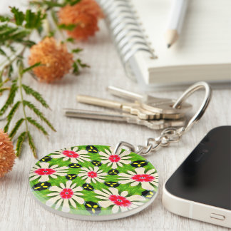 Pink and White Flowers Pattern Key Ring