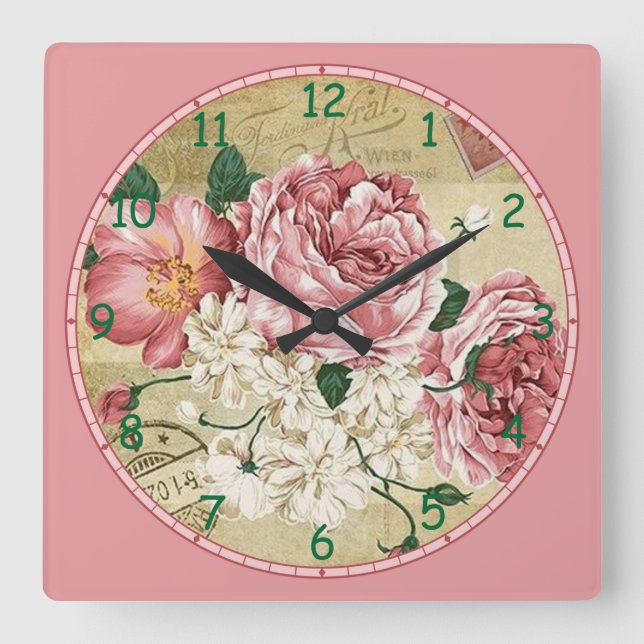 Pink and White Flowers Square Wall Clock (Front)