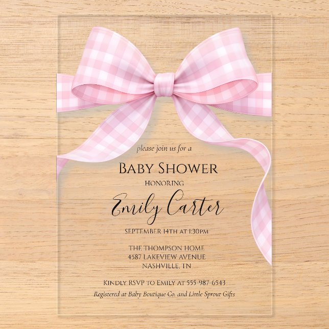 Pink and White Gingham Bow Baby Shower Invitation (Front)