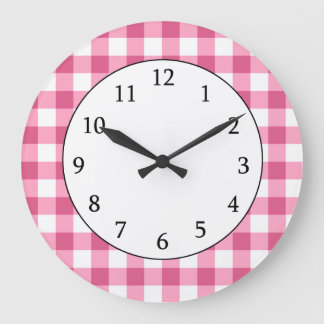 Pink And White Gingham Check Pattern Large Clock