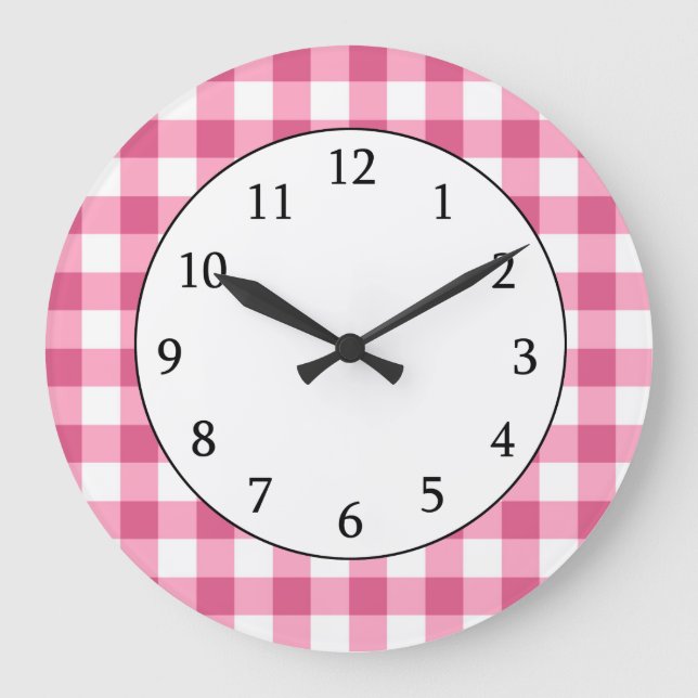 Pink And White Gingham Check Pattern Large Clock (Front)