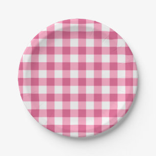Pink And White Gingham Check Pattern Paper Plate