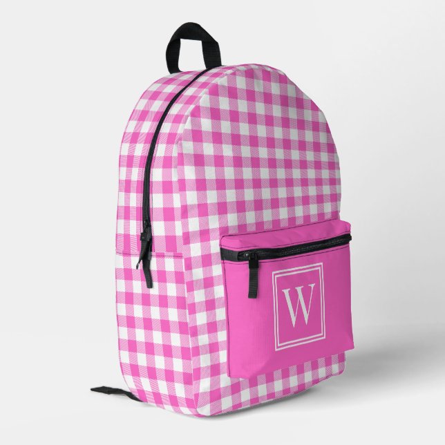 Pink and White Gingham Check Plaid Monogram Printed Backpack (Back Corner Left)
