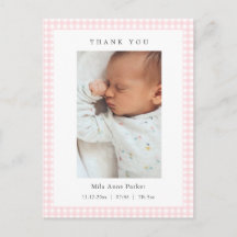 Pink and white Gingham Girl Birth Announcement