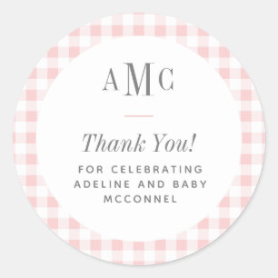 Pink and White Gingham Monogram Thank You Classic Round Sticker
