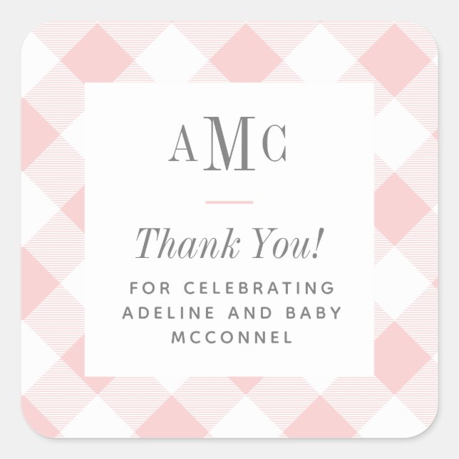Pink and White Gingham Monogram Thank You Square S Square Sticker (Front)