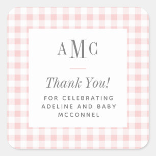 Pink and White Gingham Monogram Thank You Square Sticker
