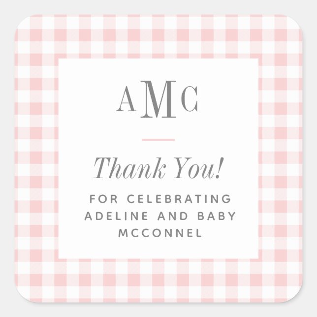 Pink and White Gingham Monogram Thank You Square Sticker (Front)