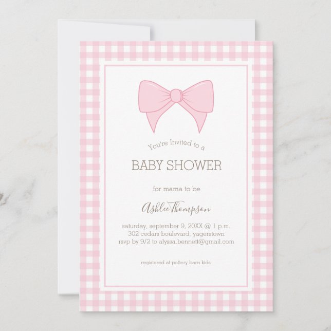 Pink and White Gingham Pattern Baby Shower Invitation (Front)