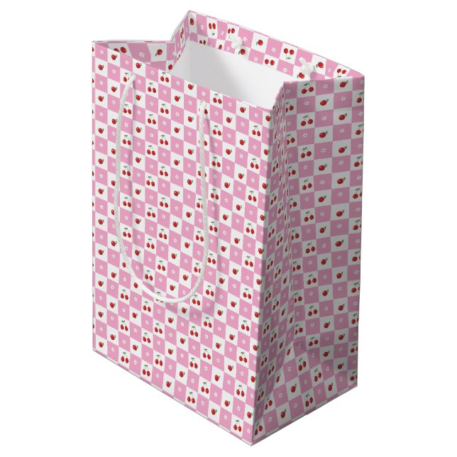 Pink and White Gingham Pattern Cherries Gift Bag (Back Angled)