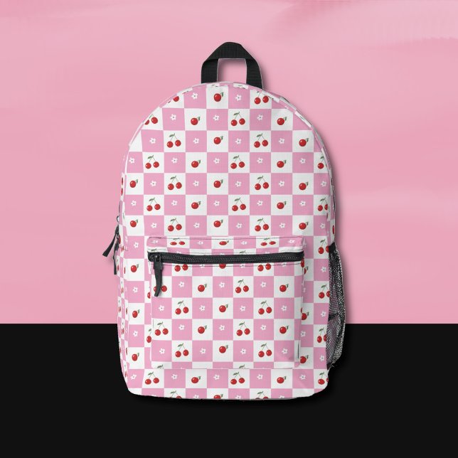 Pink and White Gingham Pattern Cherry Backpack (Whimsical pink and white Gingham pattern backpack with a cherry theme . )