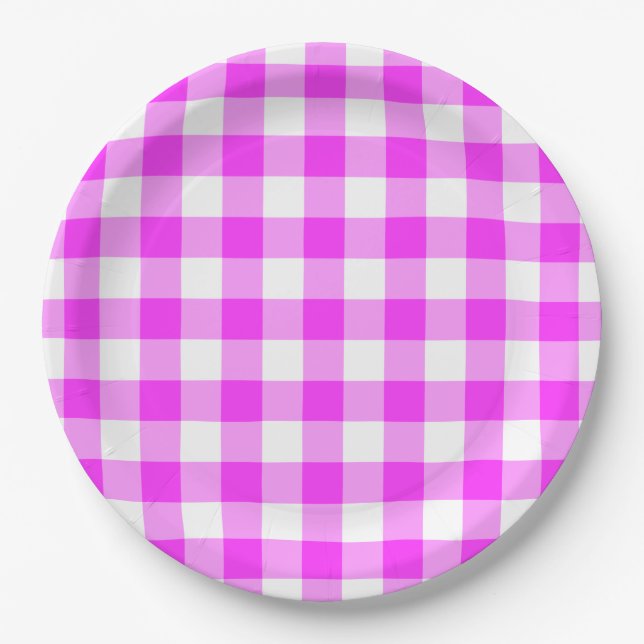 Pink and White Gingham Pattern Paper Plate (Front)