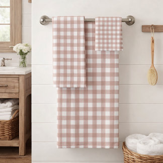 Pink and White Gingham Plaid Cottagecore Pattern Bath Towel Set