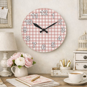 Pink and White Gingham Plaid Cottagecore Pattern Large Clock