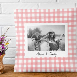 Pink and White Gingham Plaid Custom Photo Cushion