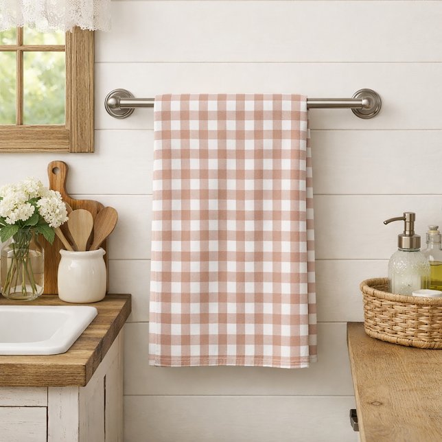 Pink and White Gingham Plaid Farmhouse Pattern Tea Towel (A kitchen towel with a pink and white gingham plaid.)