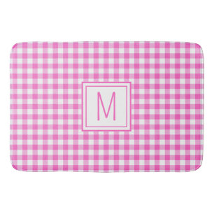 Pink and White Gingham Plaid Monogram Bath Mat
