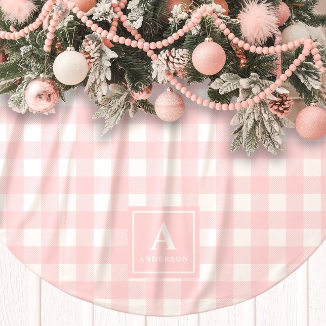 Pink And White Gingham Plaid Monogram Brushed Polyester Tree Skirt (Creator Uploaded)