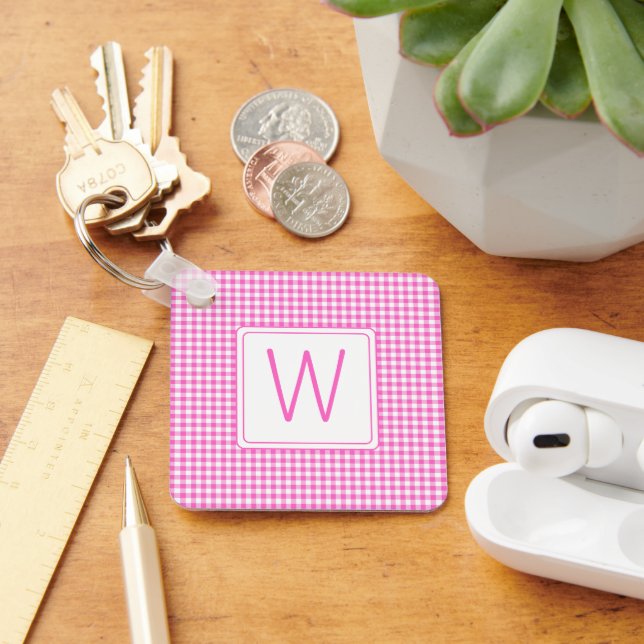 Pink and White Gingham Plaid Monogram Key Ring (Desk)