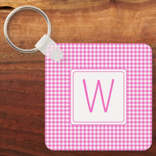 Pink and White Gingham Plaid Monogram Key Ring (Front)