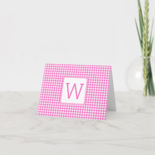 Pink and White Gingham Plaid Monogram Note Card