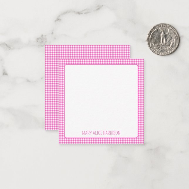 Pink and White Gingham Plaid Personalised Card (Front/Back In Situ)