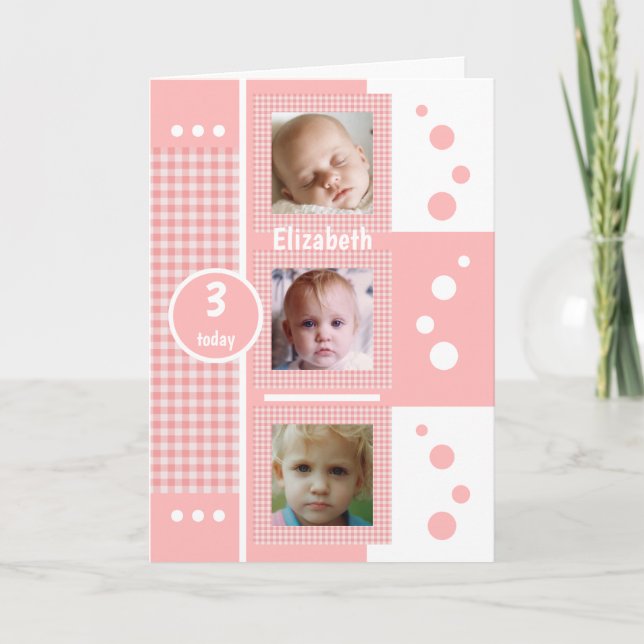Pink and white gingham plaid photo any age kids card (Front)