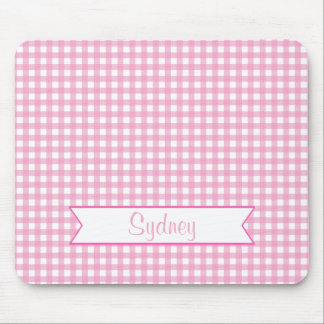 Pink and White Gingham with Custom Name Mouse Mat
