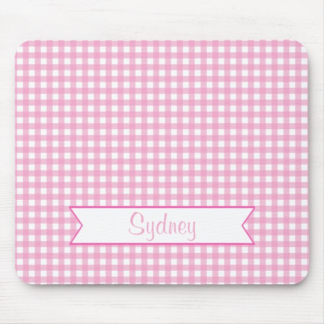 Pink and White Gingham with Custom Name Mouse Mat (Front)