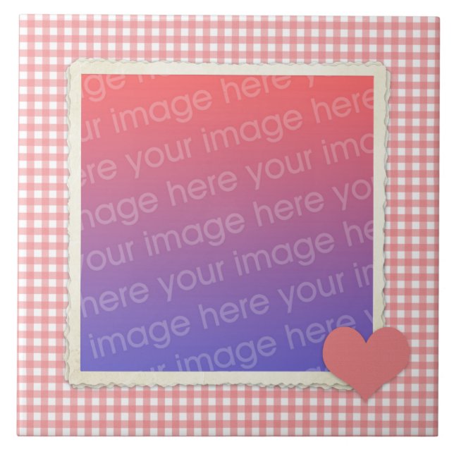 Pink and White Gingham with Heart Frame Your Photo Tile (Front)
