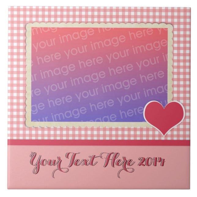 Pink and White Gingham with Heart Frame Your Text Tile (Front)