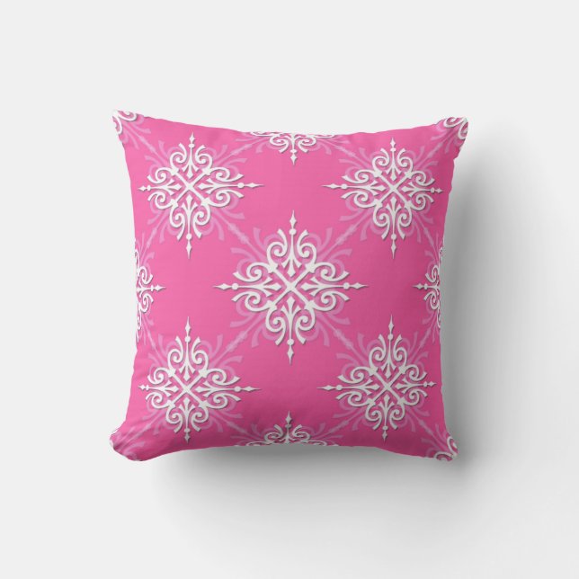 Pink and White Girly Damask Pattern Cushion (Front)