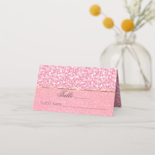 Pink And White Glitter Gold Stripe Place Card (Front)