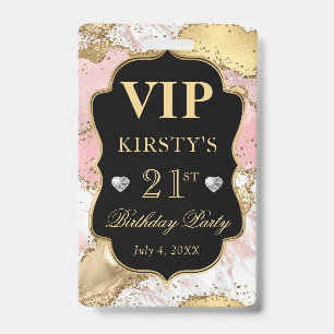 Pink and White Gold Glitter Agate Birthday VIP ID Badge