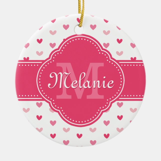 Pink and White Heart Pattern with Monogram Ceramic Tree Decoration (Front)