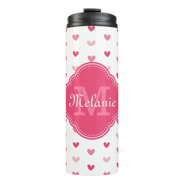 Pink and White Heart Pattern with Monogram Thermal Tumbler (Front)