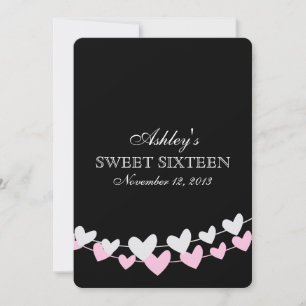 Pink and White Heart Strings Sweet Sixteen Invitation