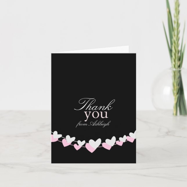 Pink and White Heart Strings Thank You Card (Front)