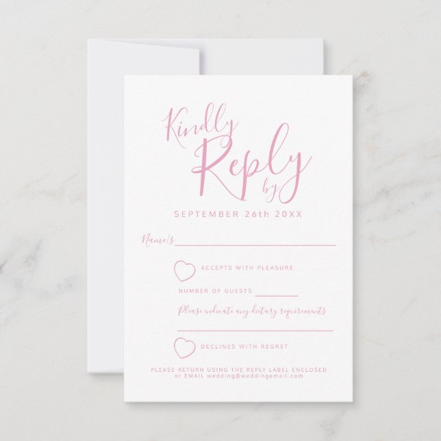 Pink and white heart wedding reply RSVP Card (Front)
