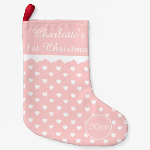 Pink and White Hearts 1st Christmas Personalised Small Christmas Stocking