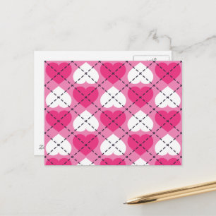 Pink and white hearts - argyle pattern postcard