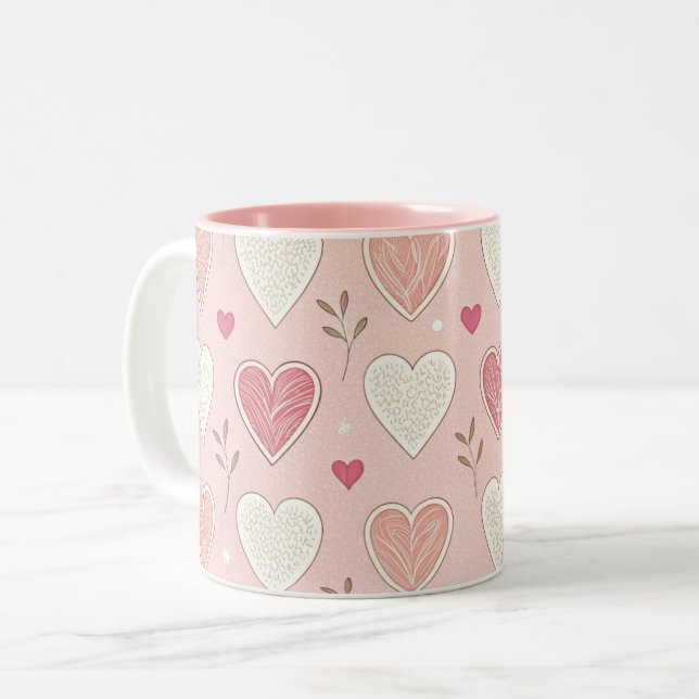 Pink and White Hearts Patttern Valentines Day  Two-Tone Coffee Mug (Front Left)