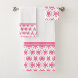 Pink and White Hexagonal Pattern Bath Towel Set