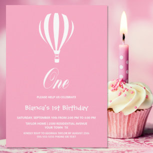 Pink and White Hot Air Balloon 1st Birthday Party Invitation