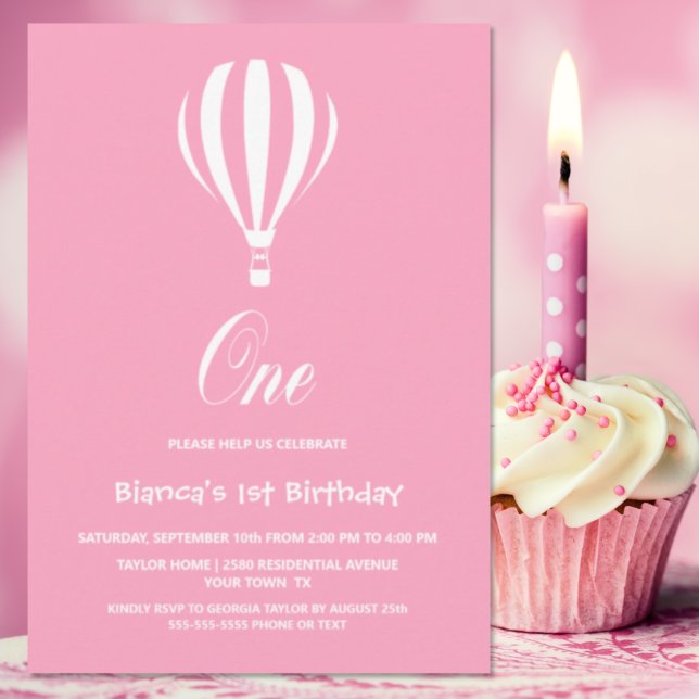 Pink and White Hot Air Balloon 1st Birthday Party Invitation (Creator Uploaded)