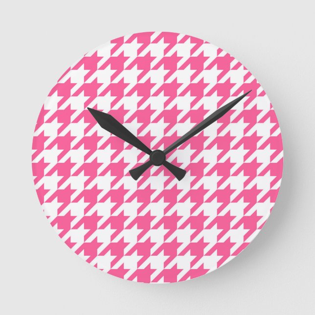 Pink and White Houndstooth Check Round Clock (Front)