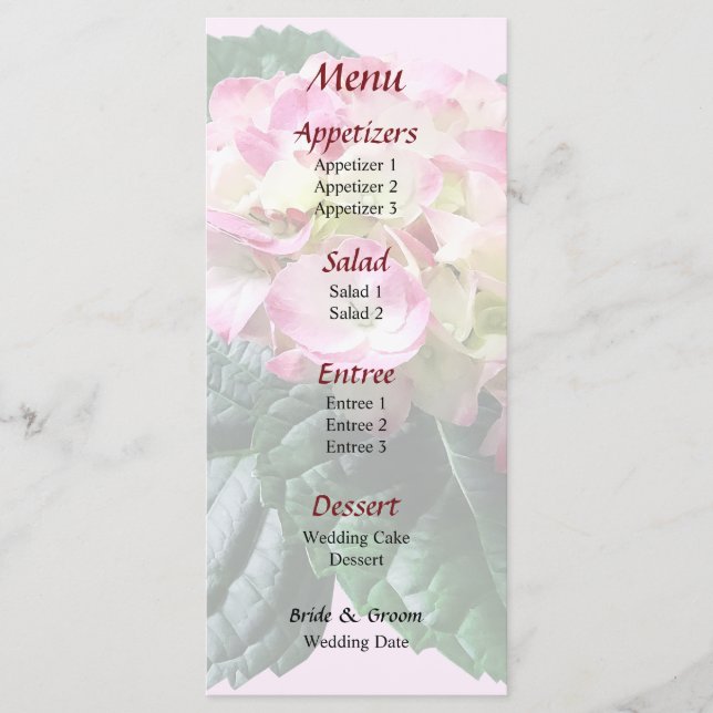 Pink and White Hydrangea Wedding Menu (Front)