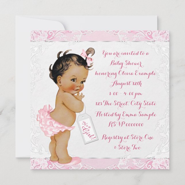 Pink and White Lace Ethnic Girl Baby Shower Invitation (Front)
