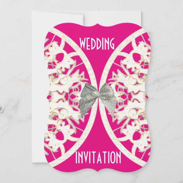 Pink and white lace paper cut damask wedding invitation (Front)